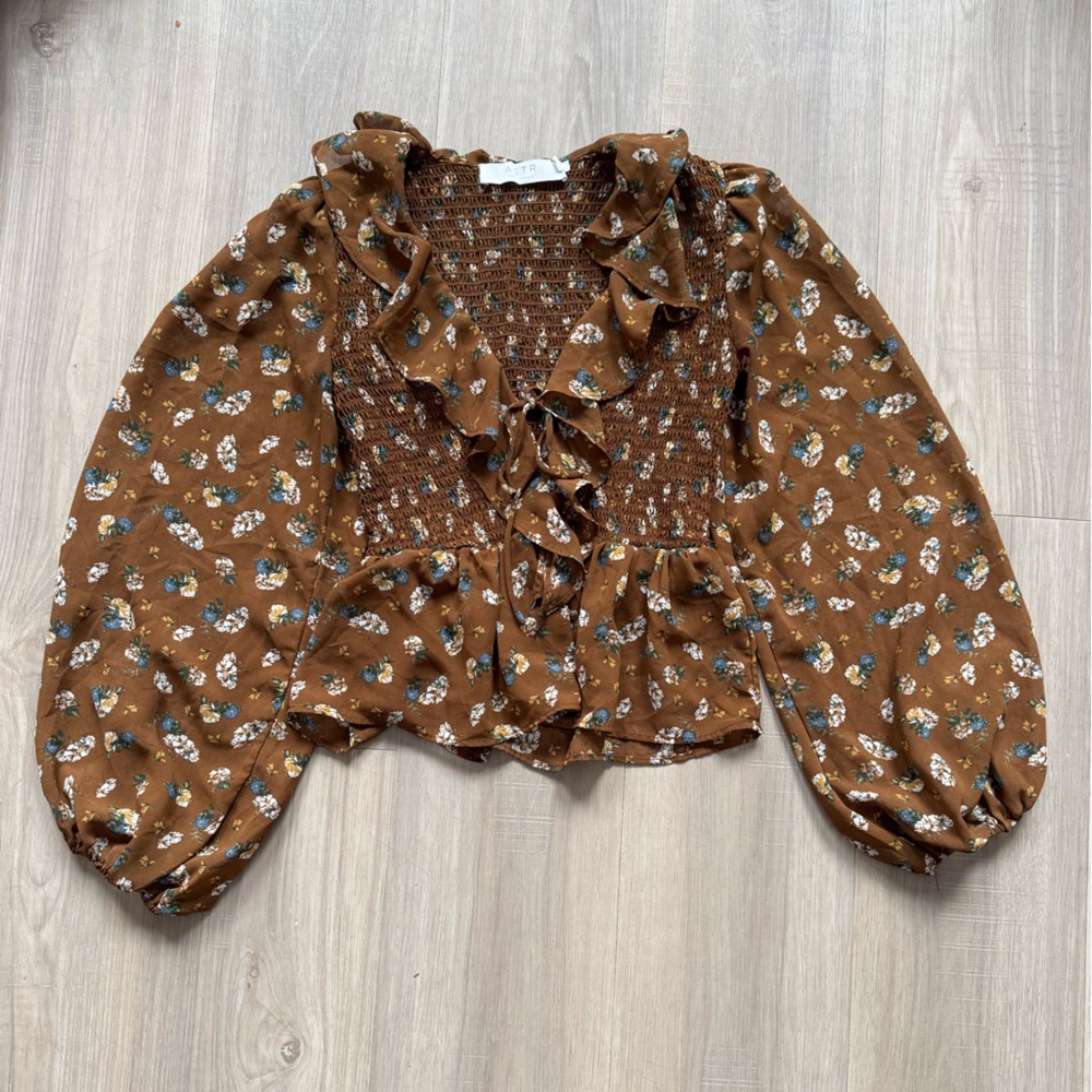 Astr Floral Ruffle Brown Blouse - Picture 2 of 5